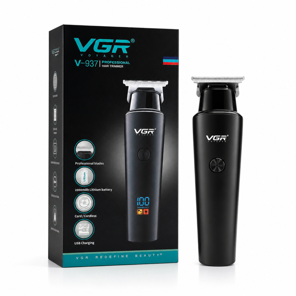 VGR V-937 Professional Cordless Hair & Beard Trimmer for Men – LCD Display, 500 Min Runtime, 2000mAh Battery, Zero Gap Stainless Steel Blade (Black)-1