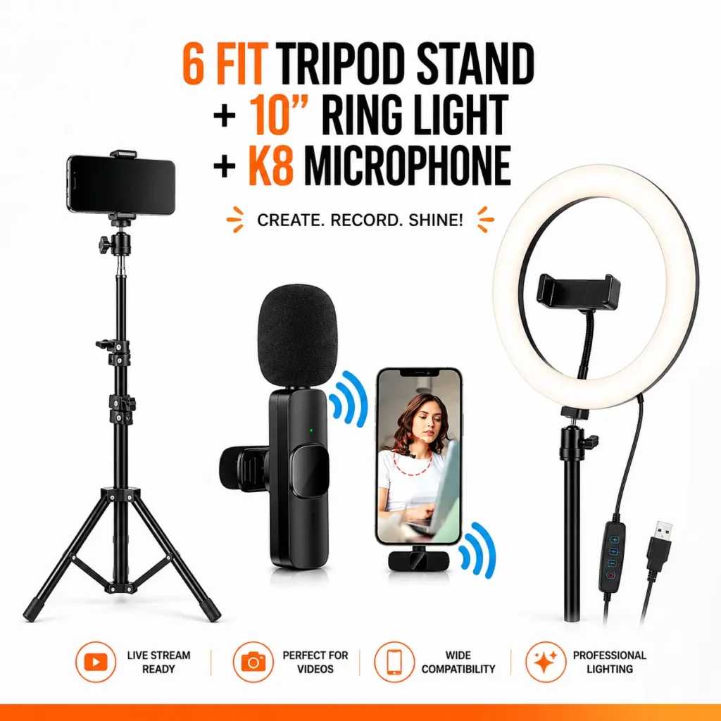 6 Ft Tripod Stand, 10 LED Ring Light & K8 Wireless Microphone Combo-1