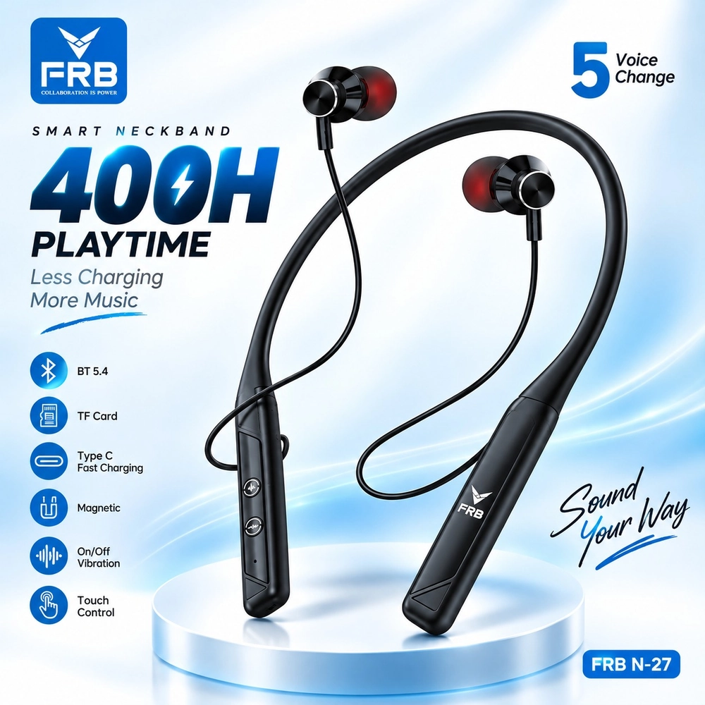 FRB N-27 Smart Wireless Neckband Earphone – Bluetooth 5.4 In-Ear Headset with 400H Battery Life, TF Card Slot, Type-C Fast Charging, Touch Control & Voice Change Feature-1