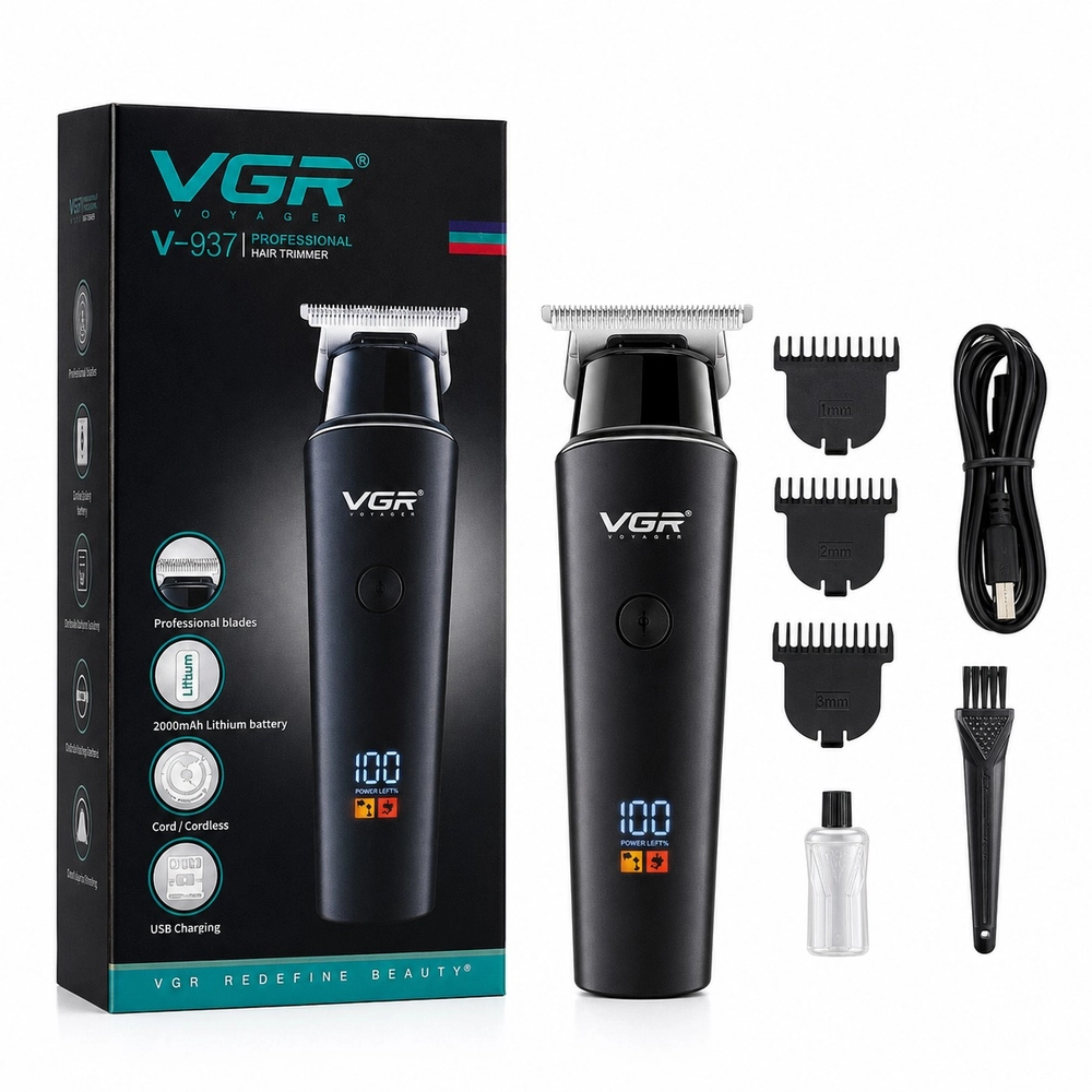 VGR V-937 Professional Cordless Hair & Beard Trimmer for Men – 500 Min Runtime, 2000mAh Battery, Smart LCD Display, Type-C & Zero Gap Stainless Steel Blade (Black)-1