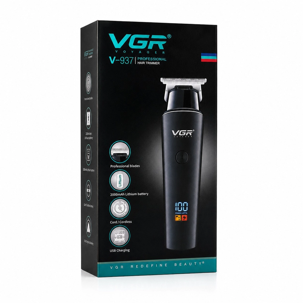VGR V-937 Professional Cordless Hair & Beard Trimmer for Men – 500 Min Runtime, 2000mAh Battery, Smart LCD Display, Type-C & Zero Gap Stainless Steel Blade (Black)-4