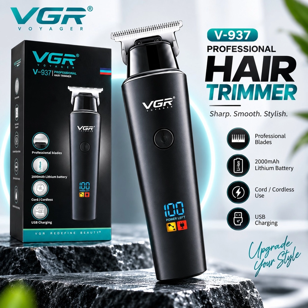 VGR V-937 Professional Cordless Hair & Beard Trimmer for Men – 500 Min Runtime, 2000mAh Battery, Smart LCD Display, Type-C & Zero Gap Stainless Steel Blade (Black)-5